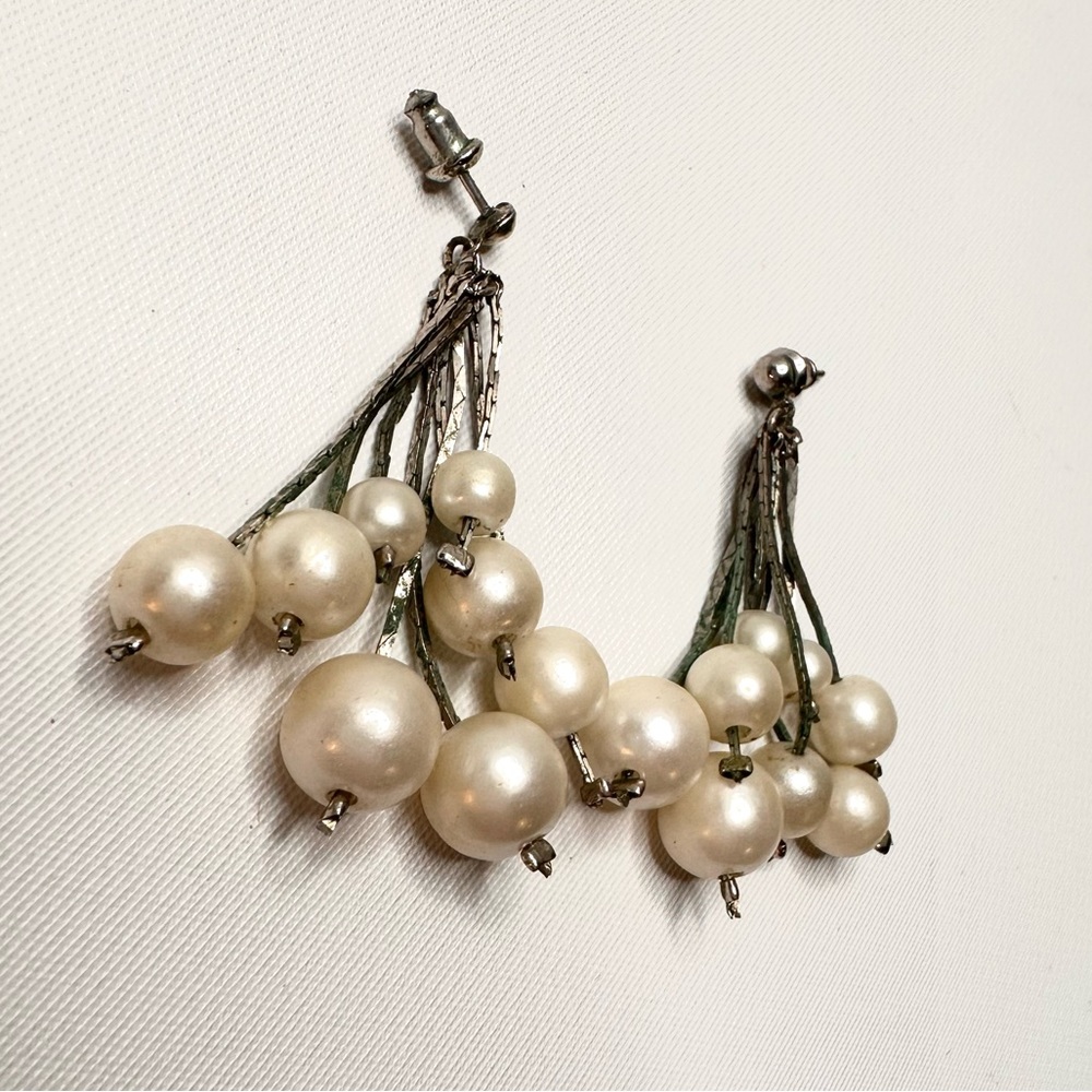 VTG 50s 60s Tree Branch Earrings Faux Cream Pearls Silver Metal Stud w/ Backing